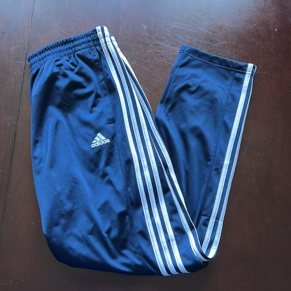 Adidas 3 Stripe pants, Blue with white Stripes. size XL